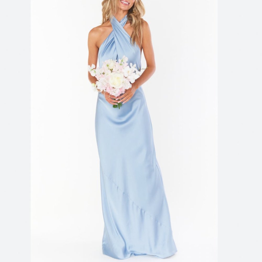 Show Me Your Mumu 'Jasmine' Halter Light Blue Satin Maxi Formal Bridesmaid Dress